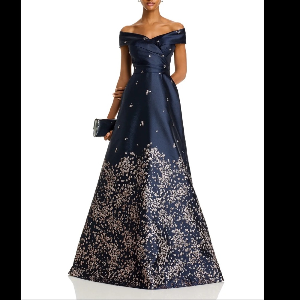 Teri Jon by Rickie Freeman Navy Embroidered Jacquard Off-the-Shoulder Gown
